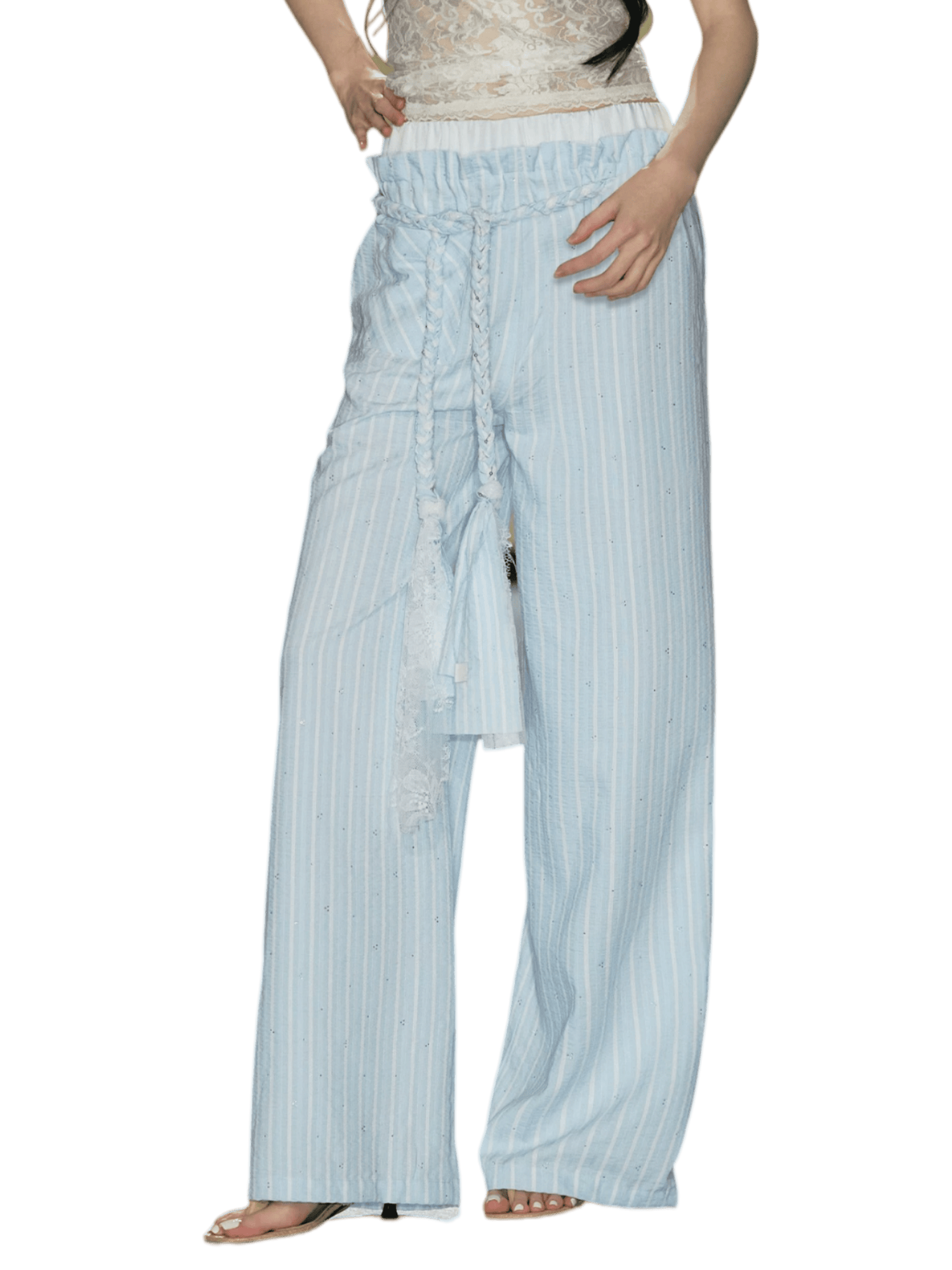 Hand-Braided Drawstring Striped Wide-Leg Trousers