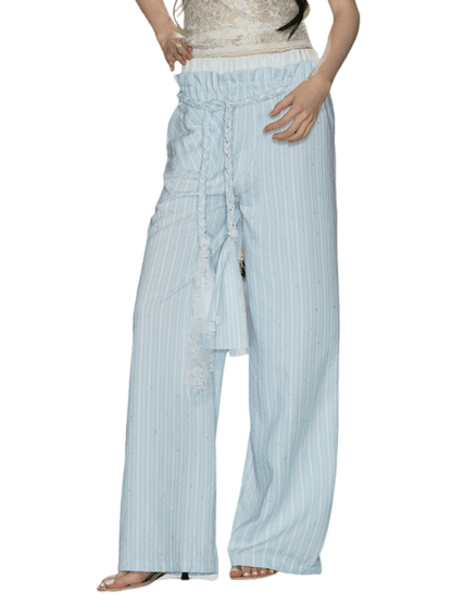 Hand-Braided Drawstring Striped Wide-Leg Trousers