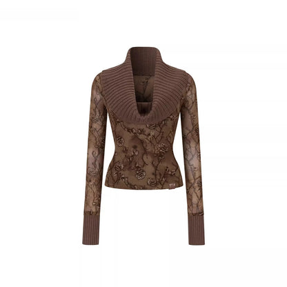 Draped Cowl-Neck Patchwork Knit Sweater