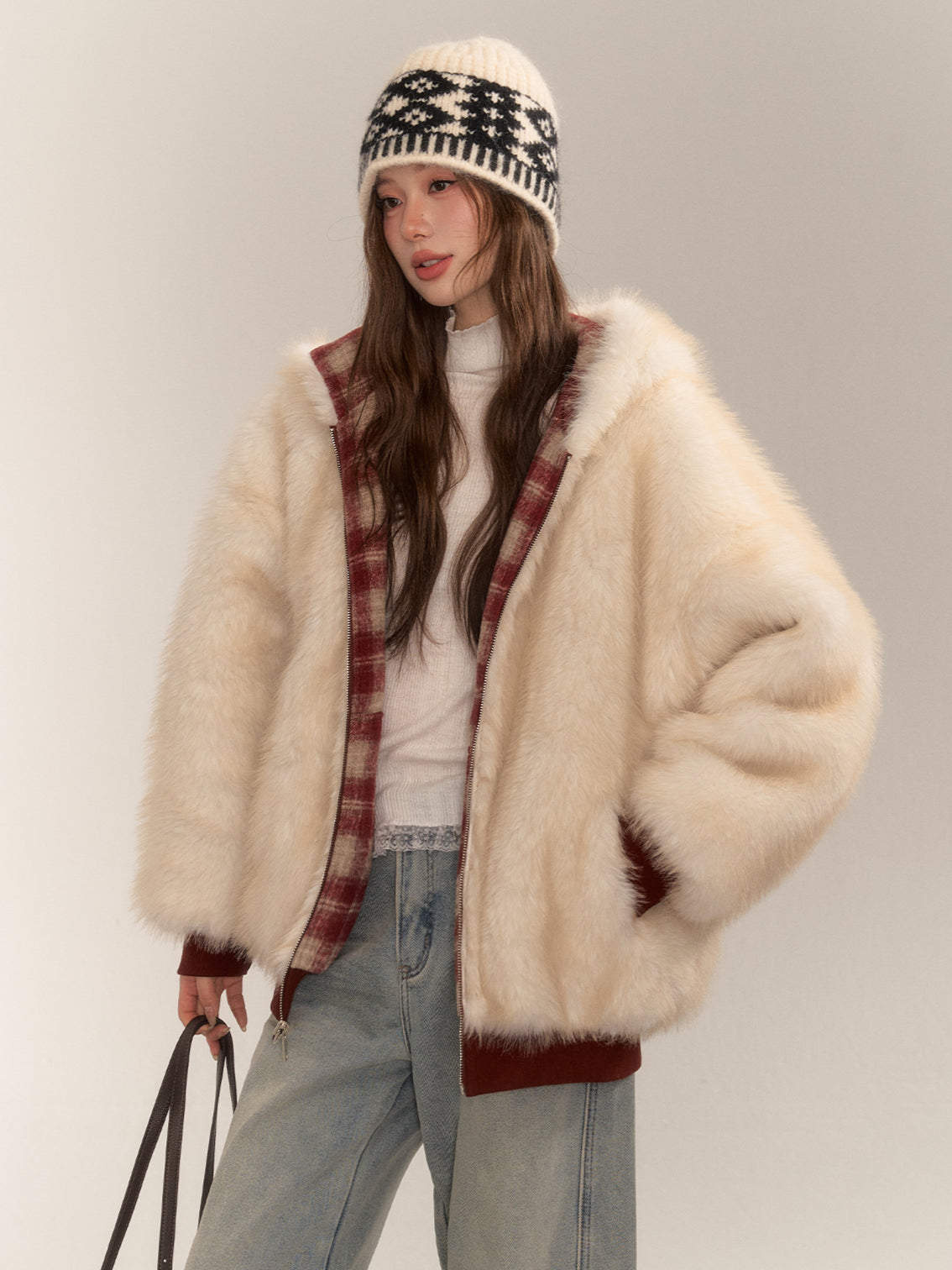 Reversible Plaid Faux Fur Coat