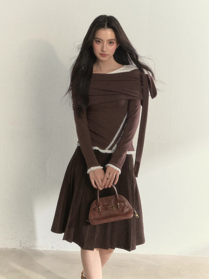 Asymmetric Off-Shoulder Bow-Tie Knit T-Shirt