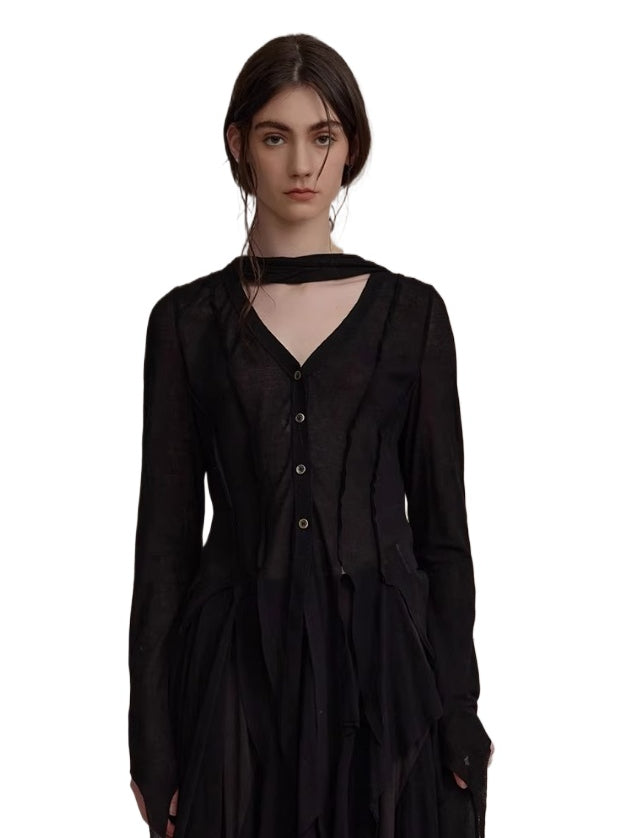 Black Cotton Irregular Hem Shirt