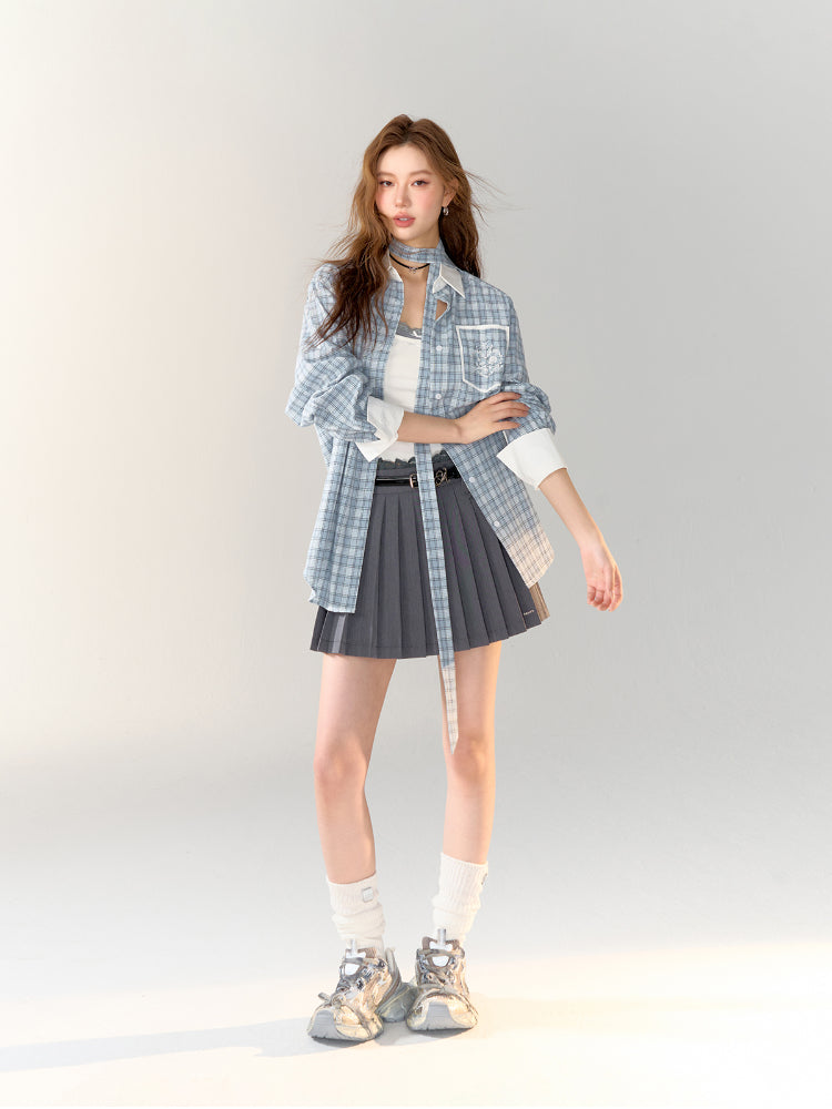 Color-block Blue Plaid Printed Shirt