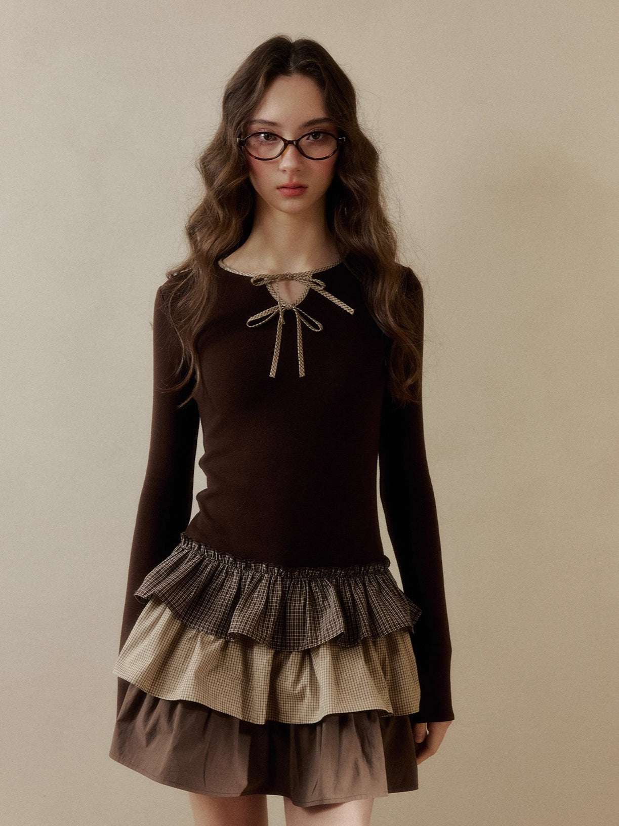 Layered Knit Plaid Tiered Puff Dress