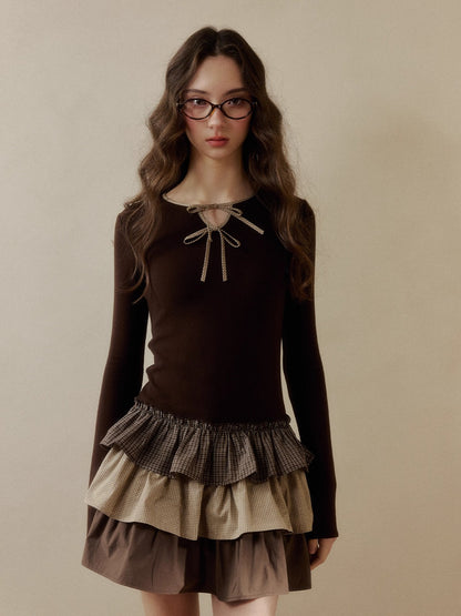 Layered Knit Plaid Tiered Puff Dress