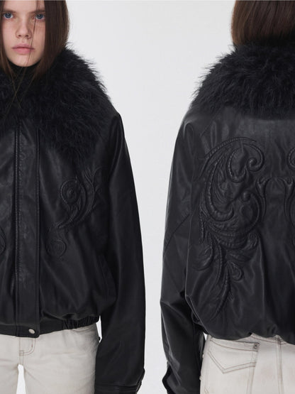 Embossed Faux Leather Puffer Detachable Fur Collar Jacket