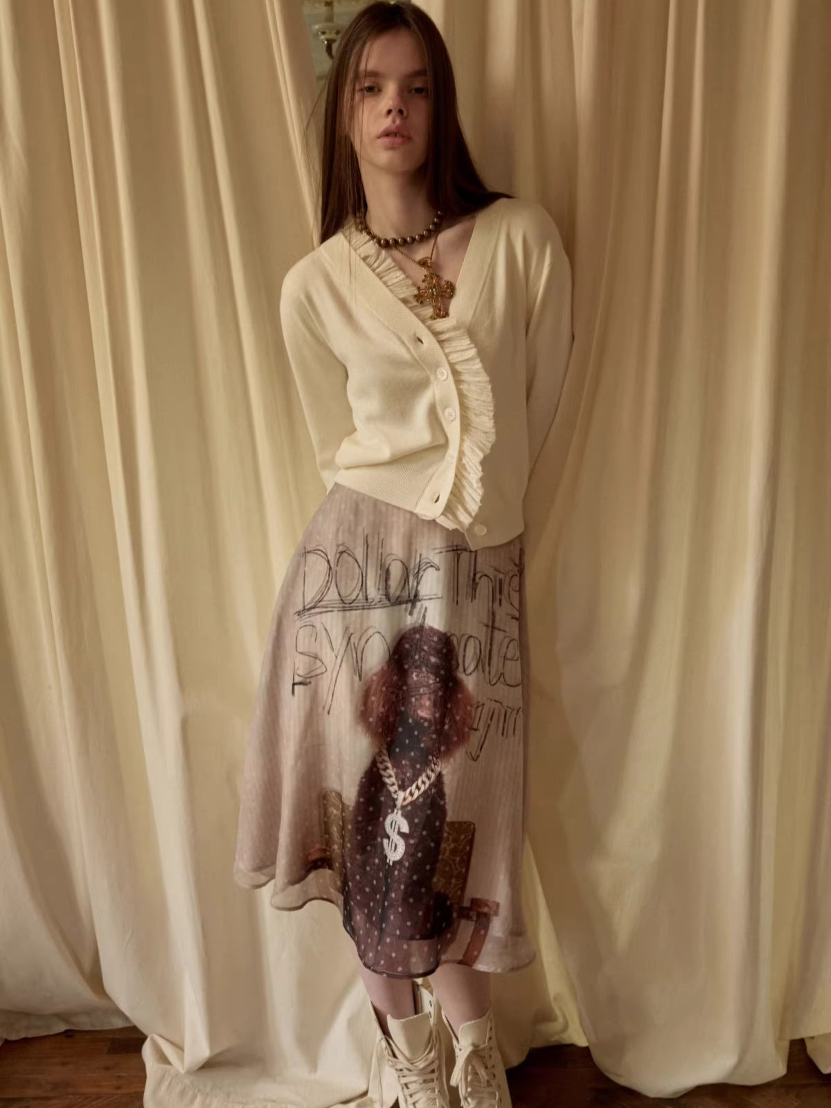 Ruched Trim Acetate-Blend Knit Cardigan