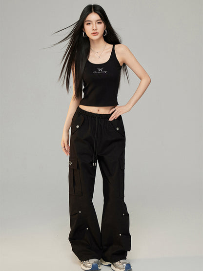 Drawstring Pleated Workwear Wide-Leg Pants