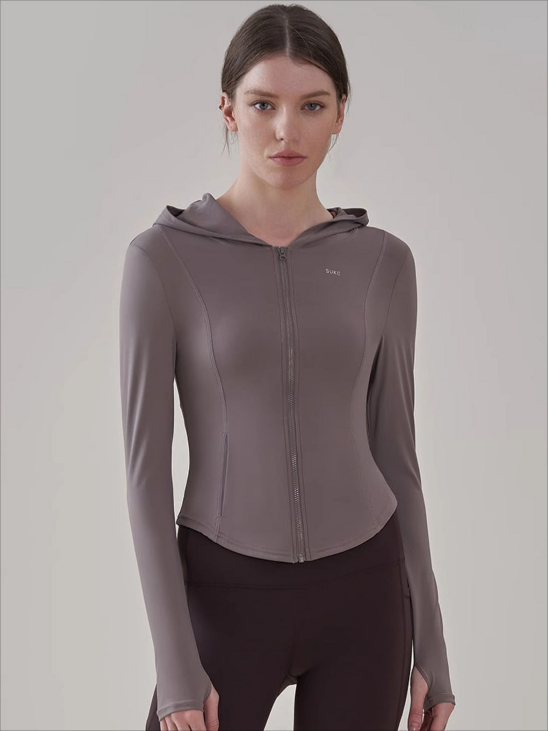 Regular Shoulder Hooded Cinched-waist Long Sleeve Yoga Top