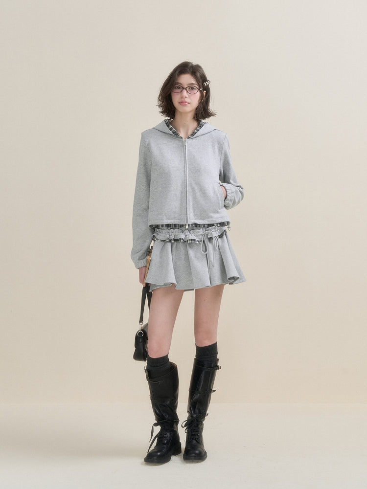 Gray Plaid Spliced Hoodie &amp; Skirt Set