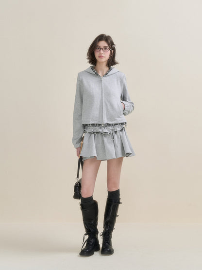 Gray Plaid Spliced Hoodie &amp; Skirt Set