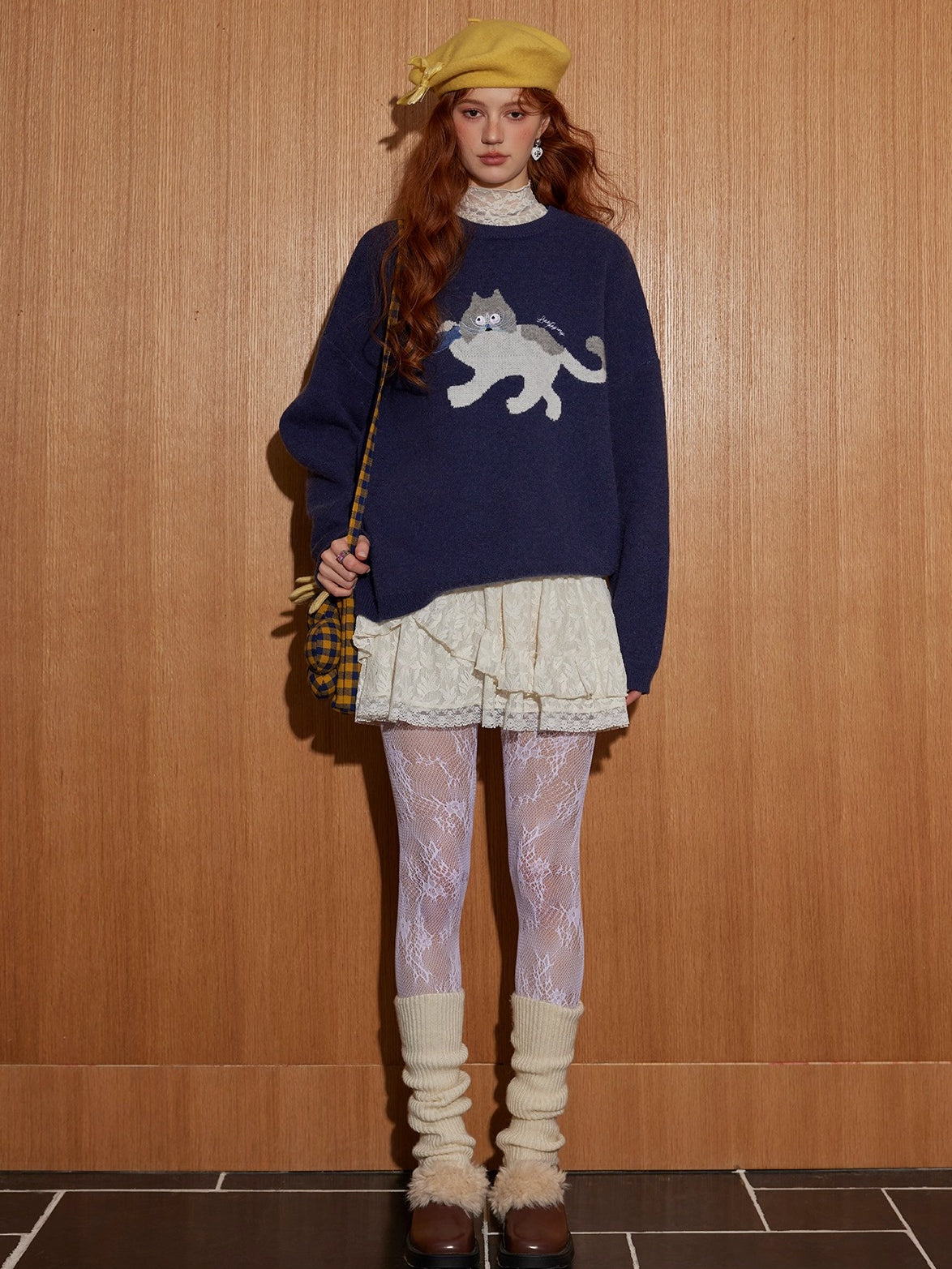 Cat Jacquard Embroidered Knit Sweater
