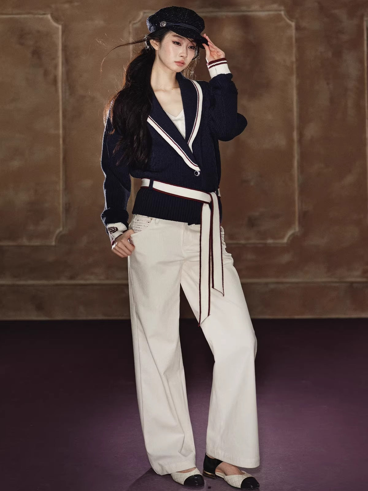 Stud-Detail Straight-Leg Flared Wide Pants