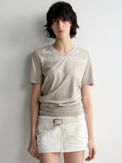 All-Over Print V-Neck Stacked Waist T-shirt