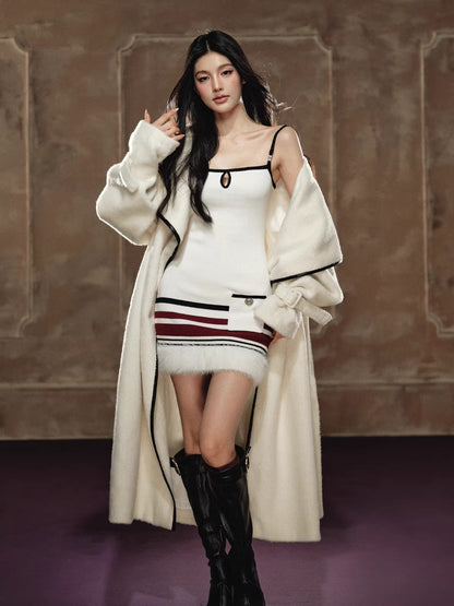Wool-Blend Long Coat &amp; Striped Slip Dress Set
