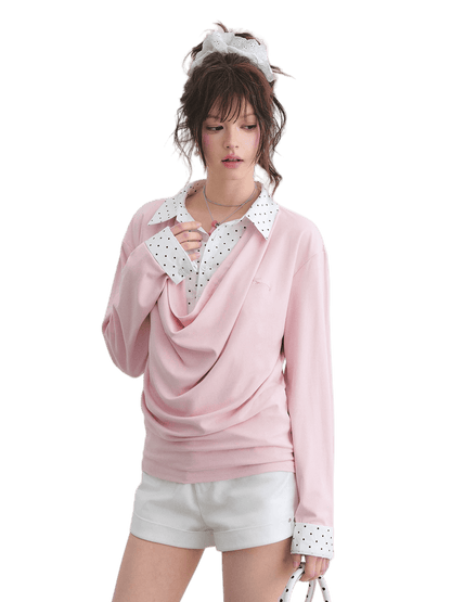 Polka Dot Shirt Panel Faux-Layer Draped Collar Top