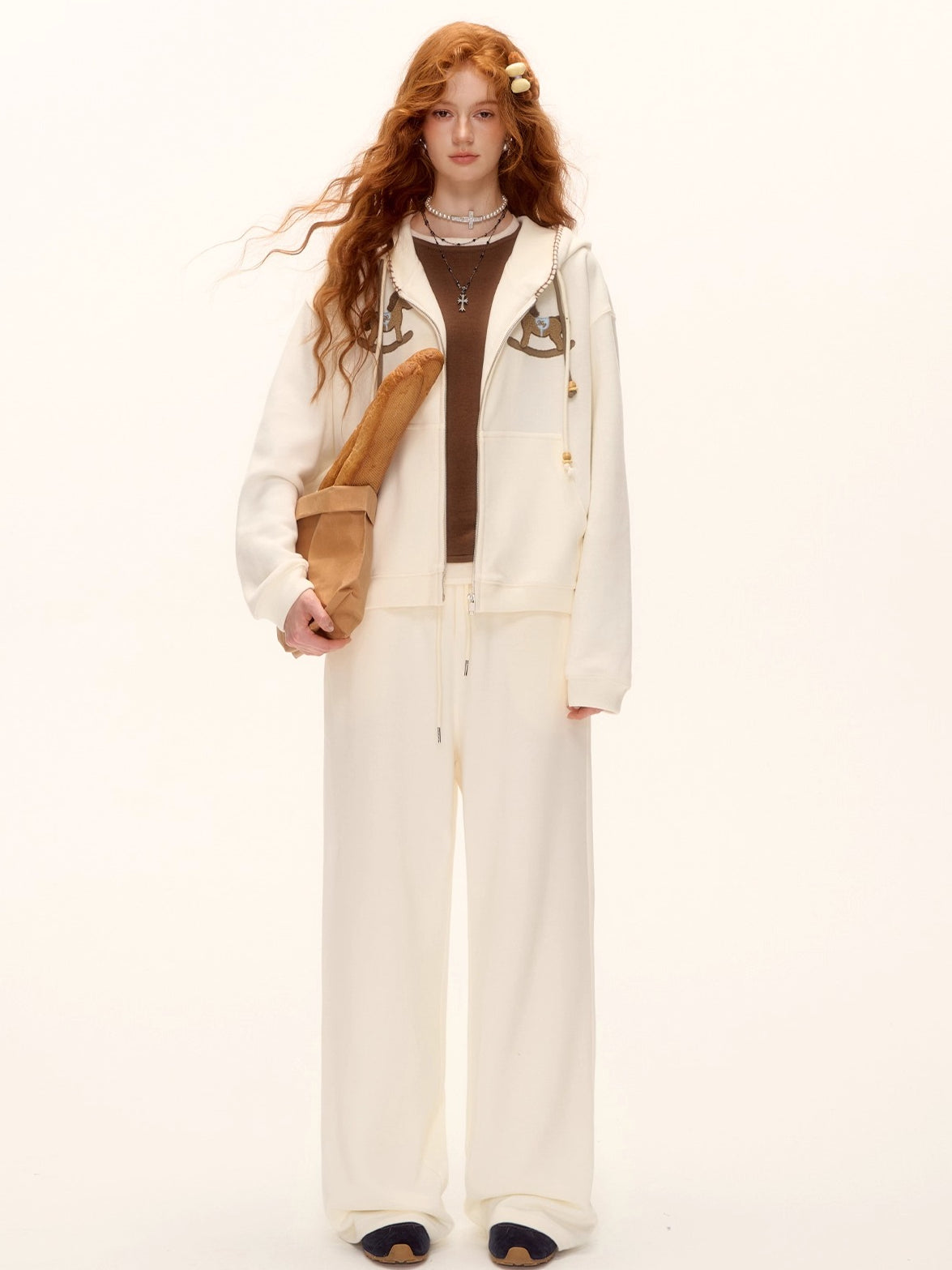 Embroidered Horse Beaded Zip-up Hoodie &amp; Pants Set