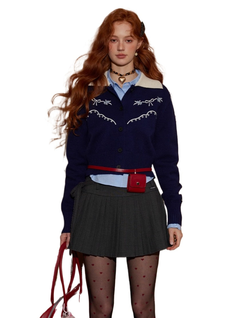 Contrast-Collar Vintage Embroidered Cropped Cardigan