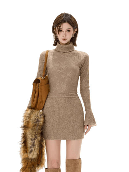 Lace High-Neck Knit Mini Dress