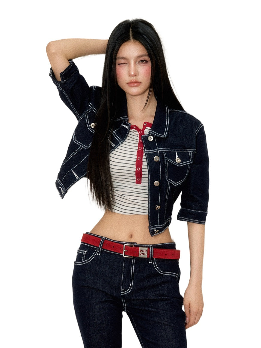 Color-Contrast Denim Jacket &amp; Pants Set