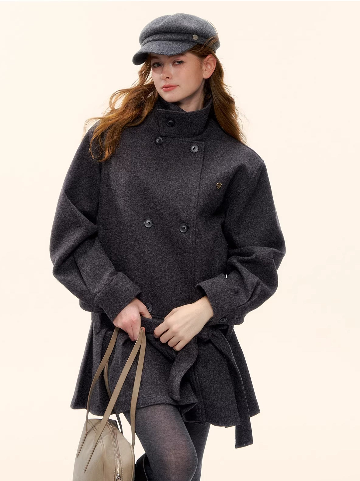 Pleated-Edge Down Wool-Blend Coat