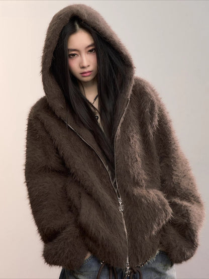 Fuzzy Hooded Plush Sweatshirt Jacket