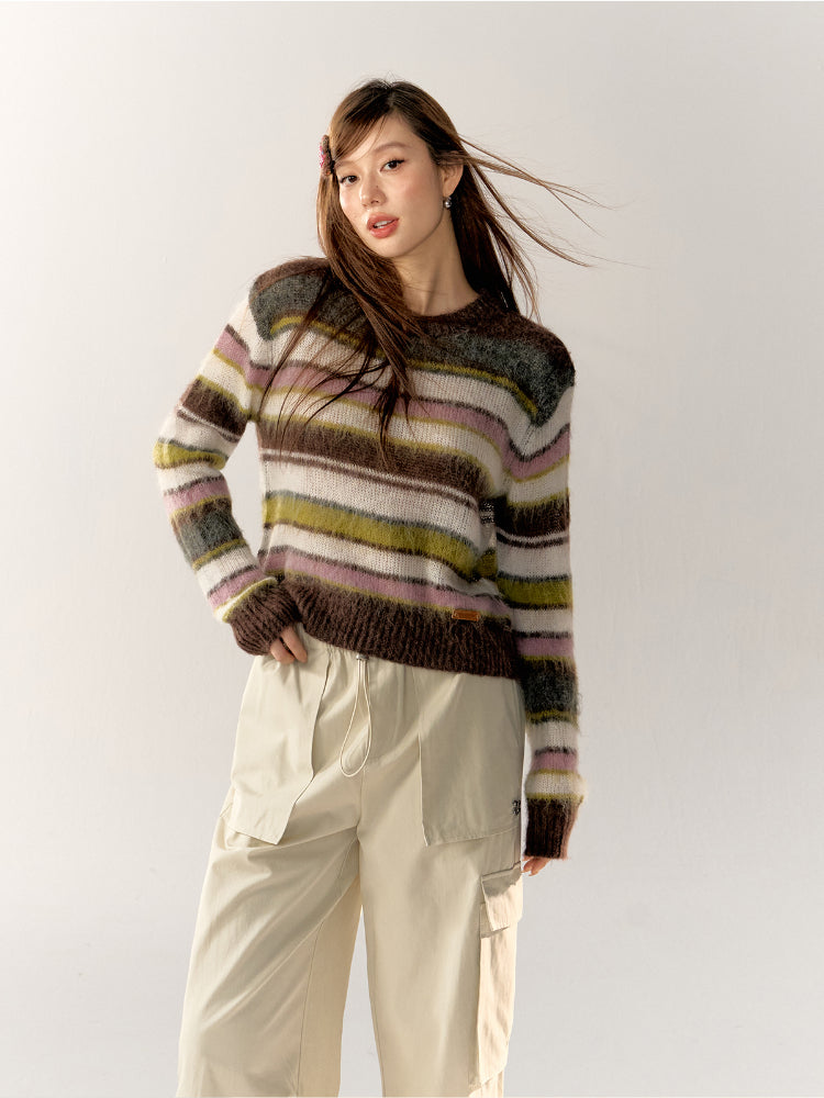 Color-Block Crew Neck Striped Knit Sweater