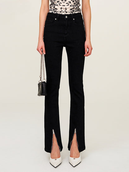Rivet Biker Zipper Elastic Split Flare Jeans