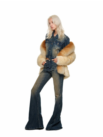 Gradient Fox Fur Waist-Cinched Jacket