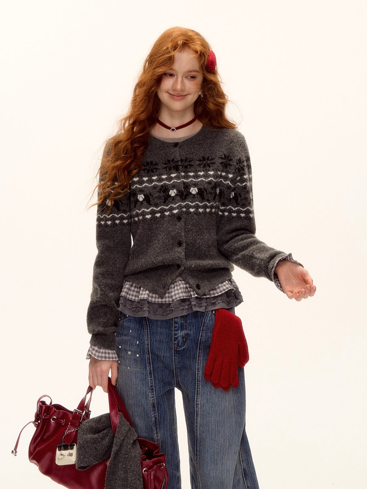 Fair Isle Wool-Blend Knit Cardigan &amp; Scarf Set