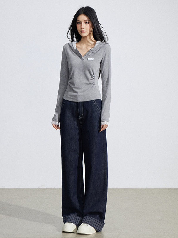 Lace Hooded Slim-Fit Long Sleeve T-Shirt