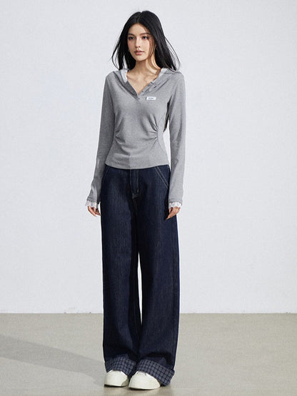 Lace Hooded Slim-Fit Long Sleeve T-Shirt