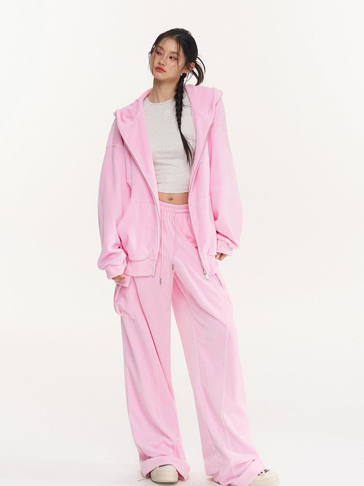 Pink Velvet Relaxed Wide-Leg Pants