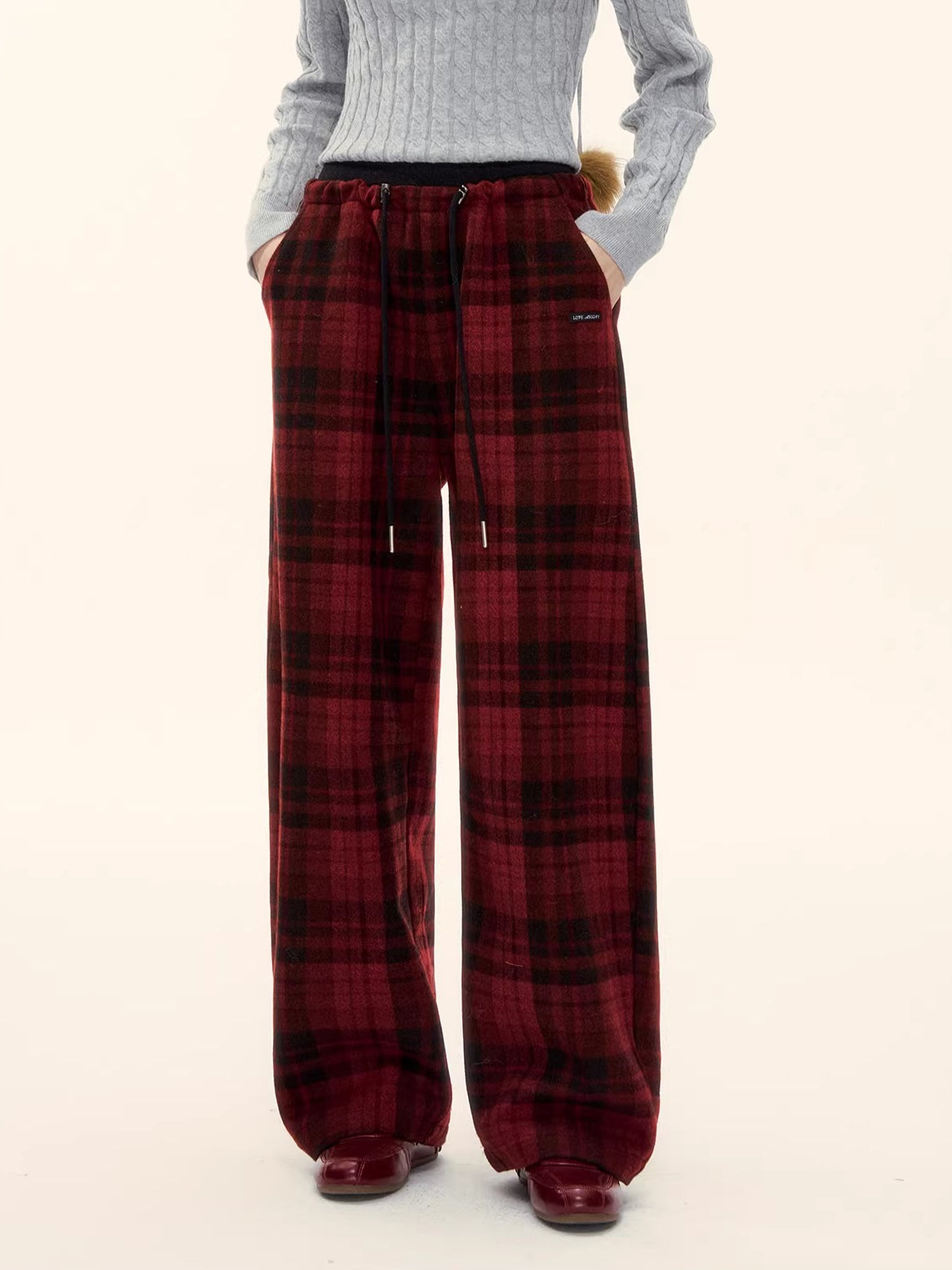 Vintage Wool-Blend Drawstring Wide-Leg Pants