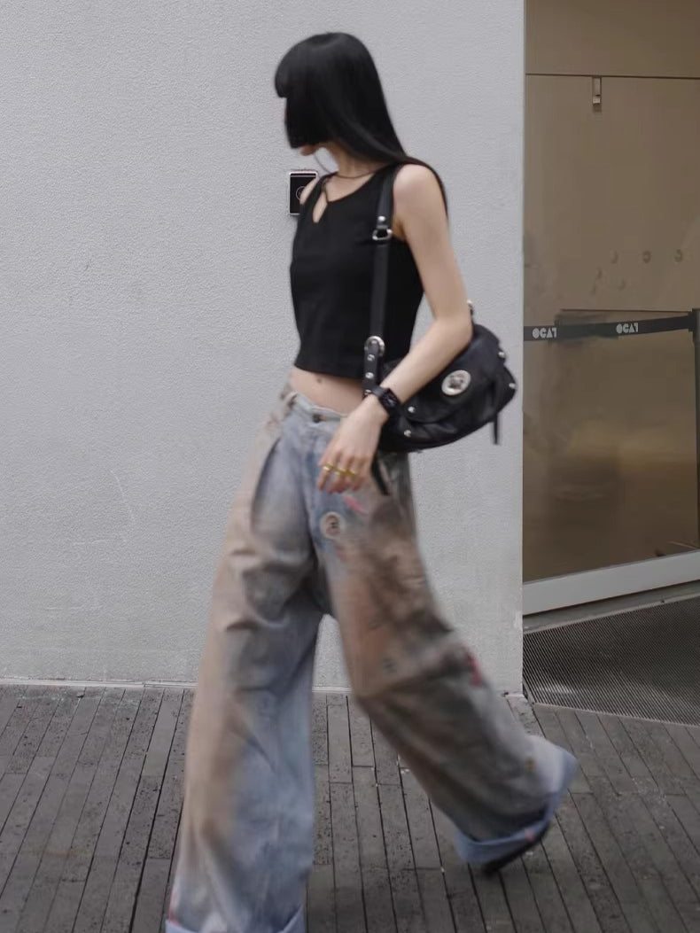 3D Ocean Print Oversized Denim Pants