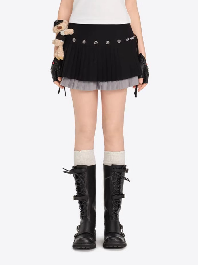 Rhinestone-Embellished Double-Layer Pleated Mini Skirt