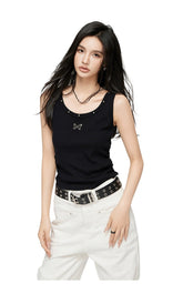 White & Black Butterfly Printed U-neck Tank Top - CHINASQUAD