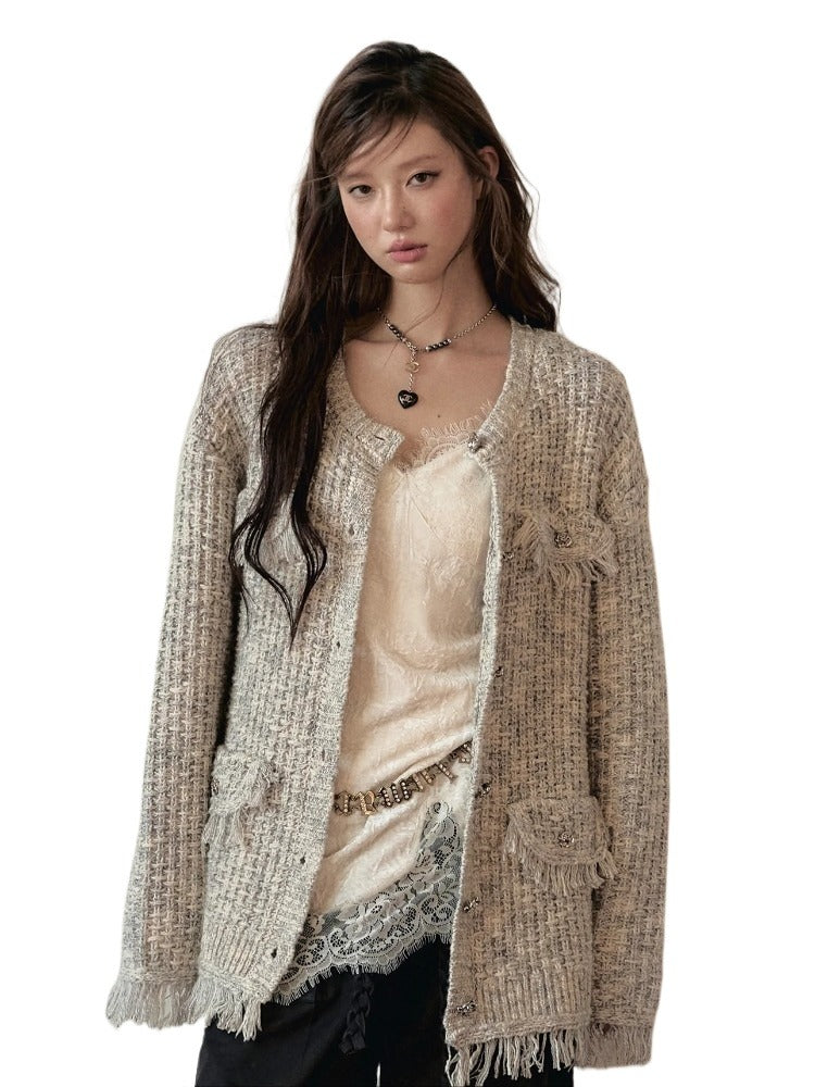 Frayed Edges Wool Mid-Length Knit Cardigan