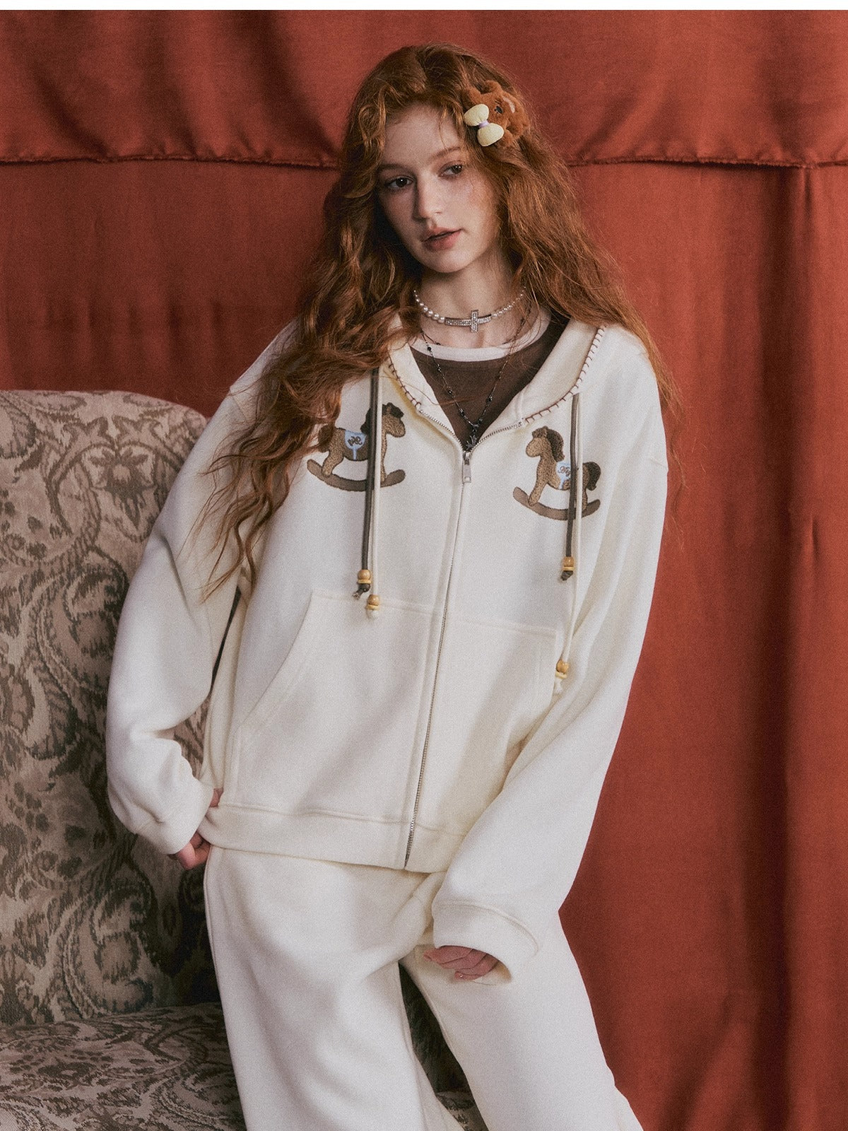 Embroidered Horse Beaded Zip-up Hoodie &amp; Pants Set