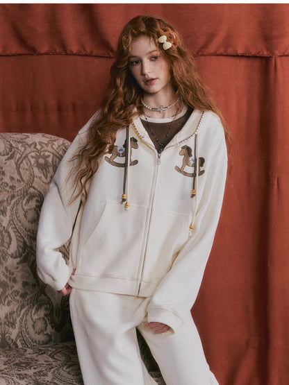 Embroidered Horse Beaded Zip-up Hoodie &amp; Pants Set