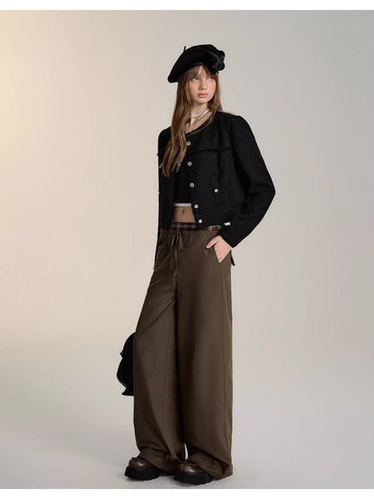 Black &amp; Brown Drawstring Wide-Leg Pants