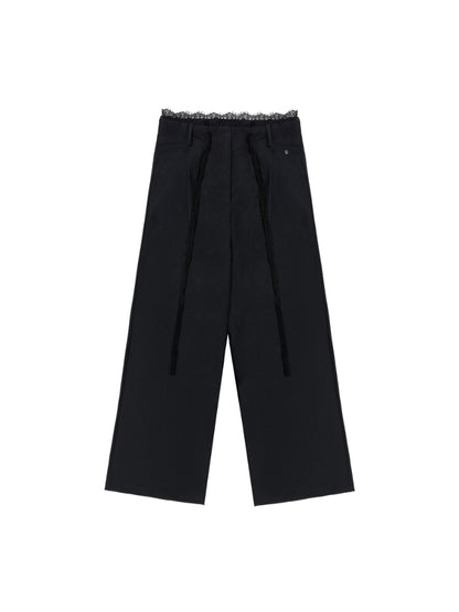 Lace Spliced High-Waisted Straight-Leg Wide Pants