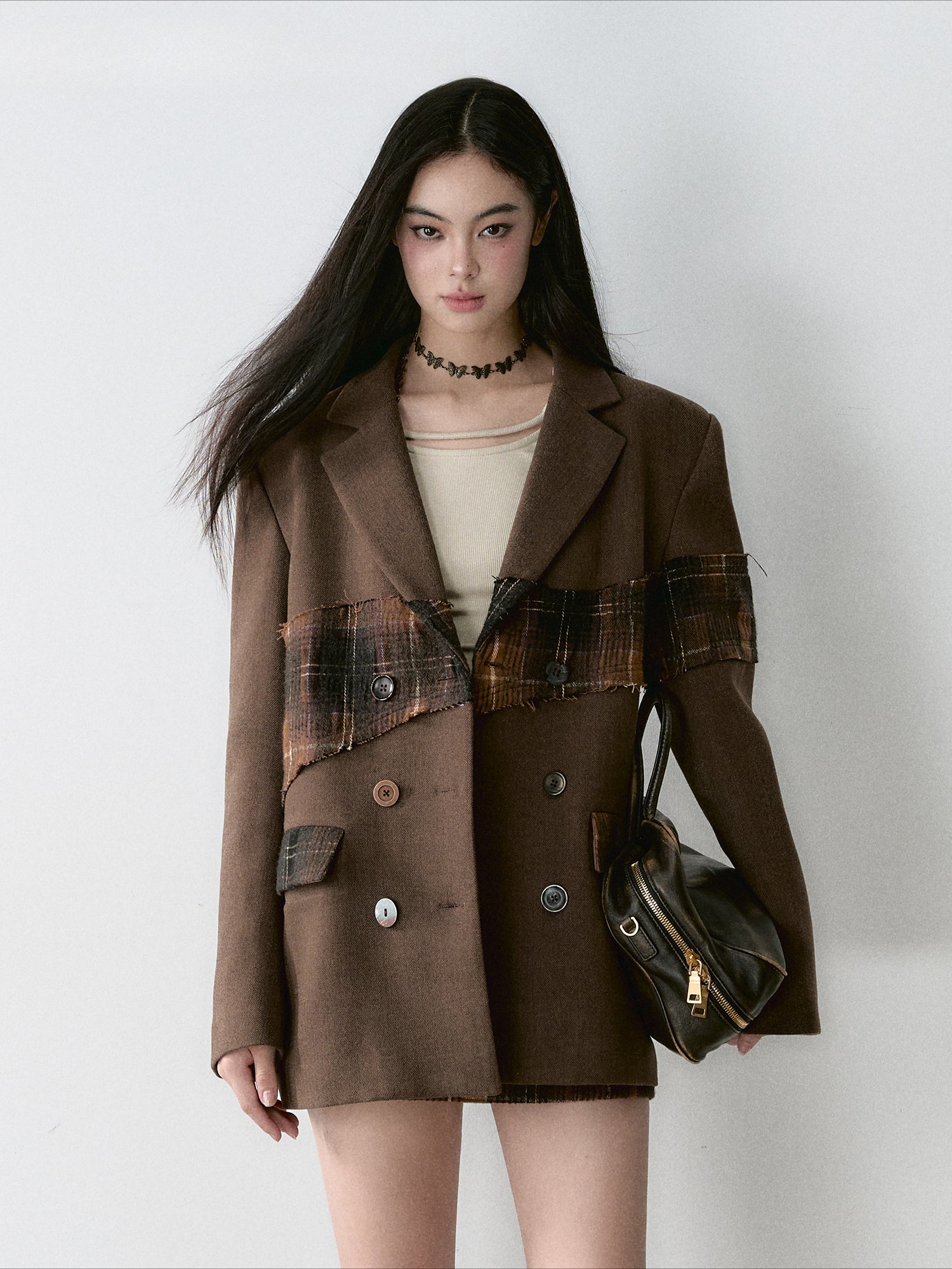 Wool Plaid Patchwork Mid-Length Coat