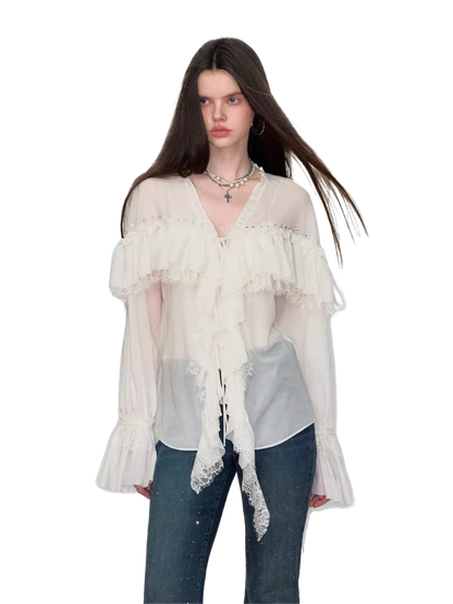 Sheer Lace-Trim Tie Blouse