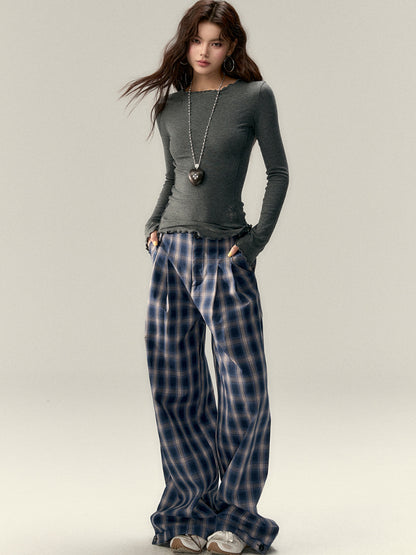 Wrinkle Straight-Leg Plaid Casual Pants