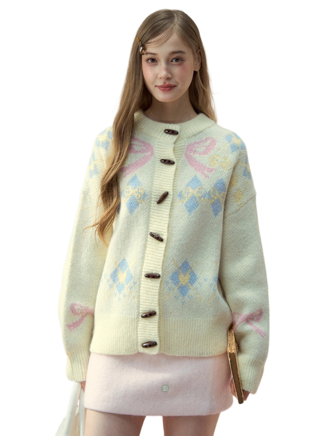Bow-Knot Fair Isle Toggle Knit Cardigan