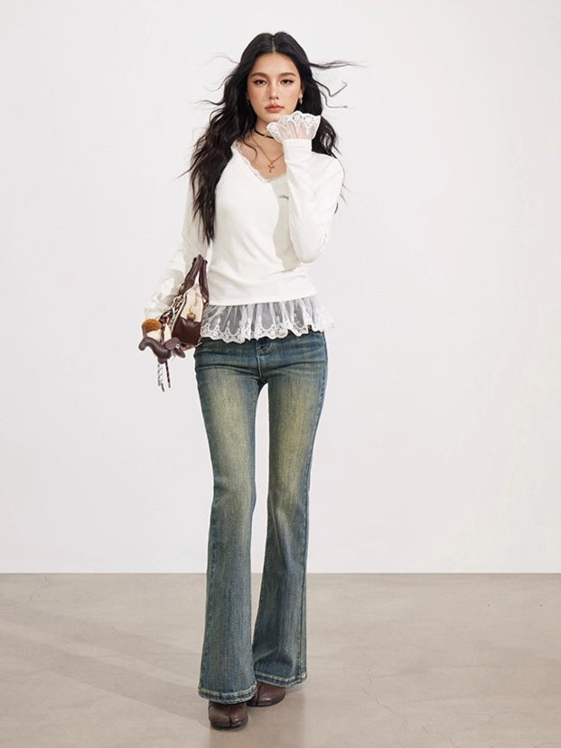 Lace Panel V-Neck Slim-Fit Long Sleeve T-Shirt