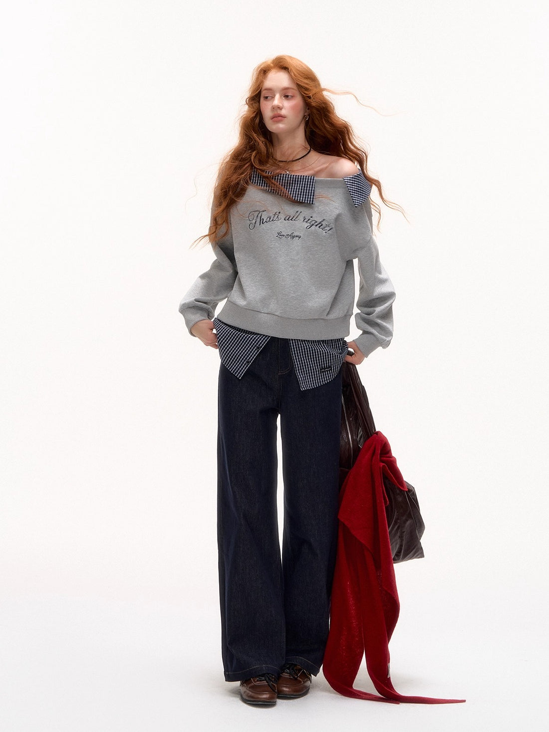 Off-Shoulder Plaid Patchwork Embroidered Sweatshirt