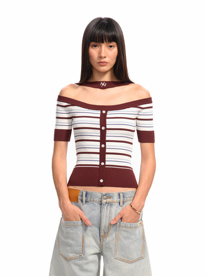One-Shoulder Halter Neck Color-Block Striped T-shirt - CHINASQUAD