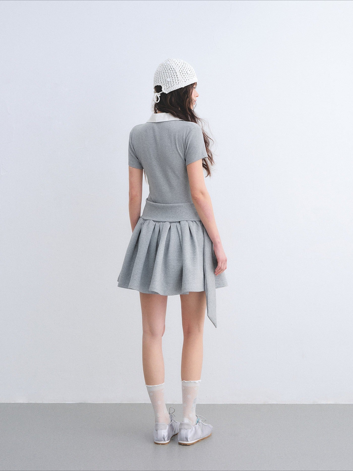 Contrast Polo Collar Puff Dress Two-Piece Set
